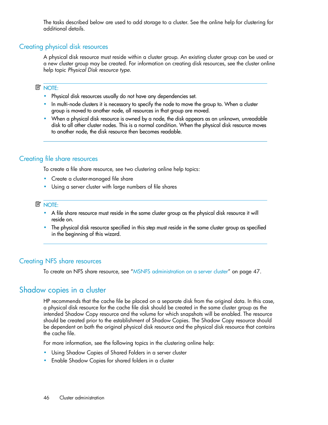 HP P4000 G2 manual Shadow copies in a cluster, Creating physical disk resources, Creating file share resources 