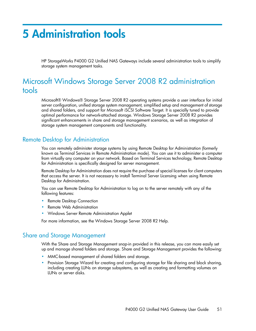HP P4000 G2 manual Administration tools, Remote Desktop for Administration, Share and Storage Management 