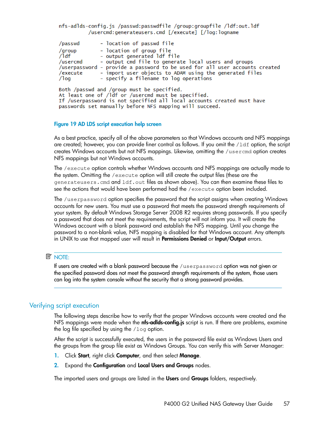 HP P4000 G2 manual Verifying script execution, AD LDS script execution help screen 