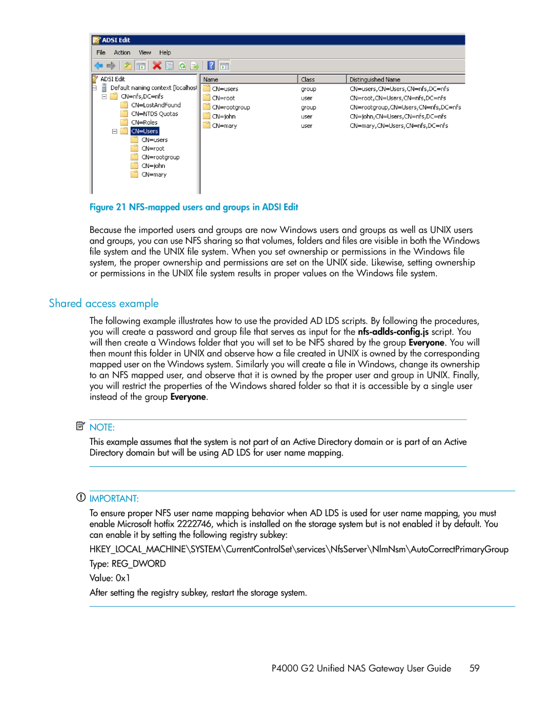 HP P4000 G2 manual Shared access example, NFS-mapped users and groups in Adsi Edit 