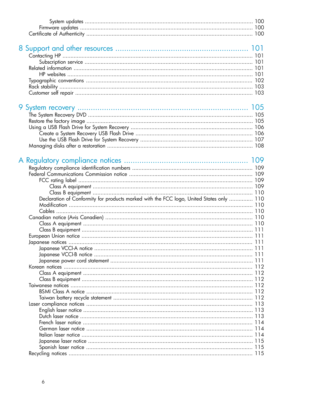 HP P4000 G2 manual Support and other resources 101, System recovery 105, Regulatory compliance notices 109 