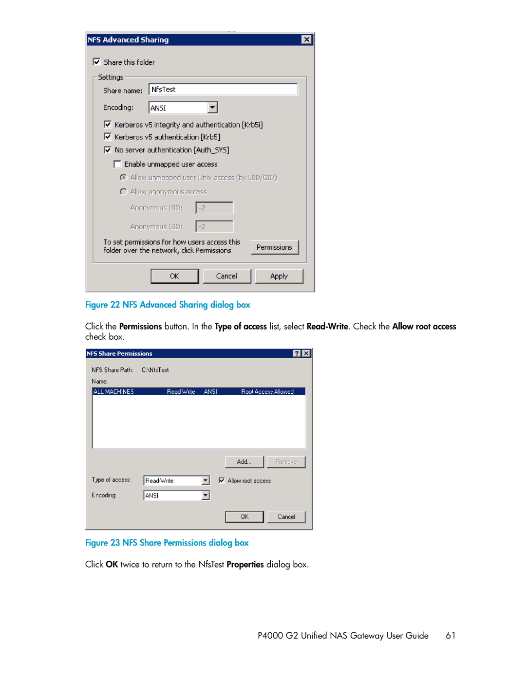 HP P4000 G2 manual NFS Advanced Sharing dialog box 