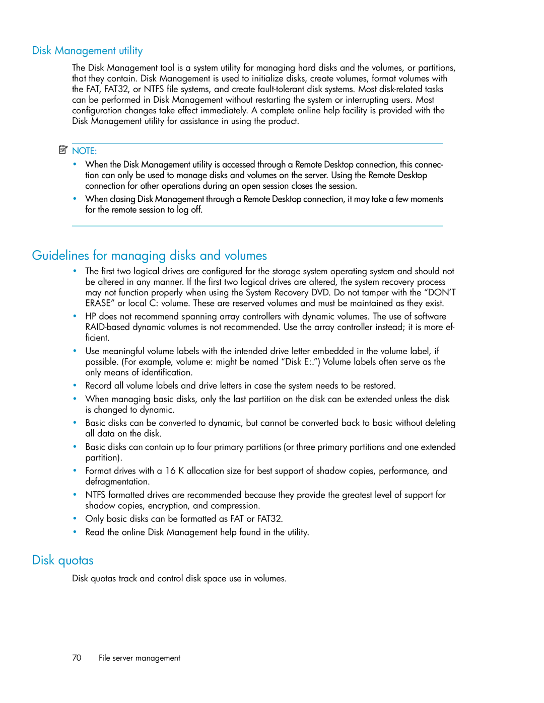 HP P4000 G2 manual Guidelines for managing disks and volumes, Disk quotas, Disk Management utility 