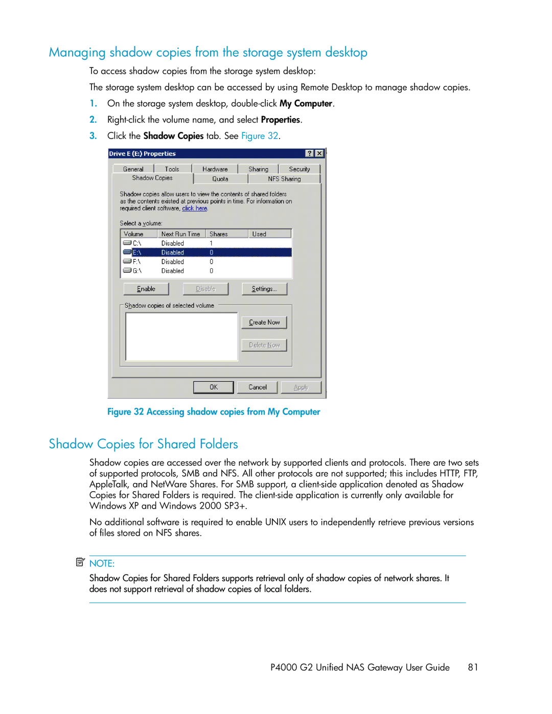 HP P4000 G2 manual Managing shadow copies from the storage system desktop, Shadow Copies for Shared Folders 