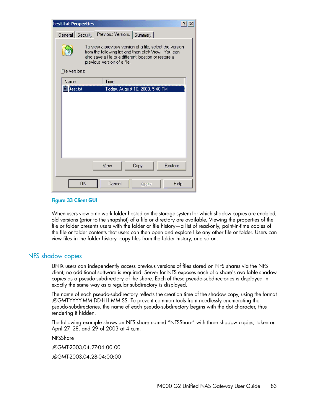 HP P4000 G2 manual NFS shadow copies, Client GUI 