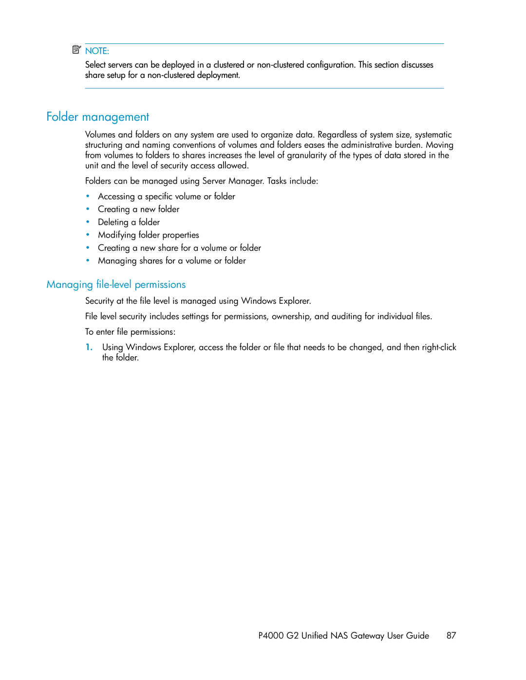 HP P4000 G2 manual Folder management, Managing file-level permissions 
