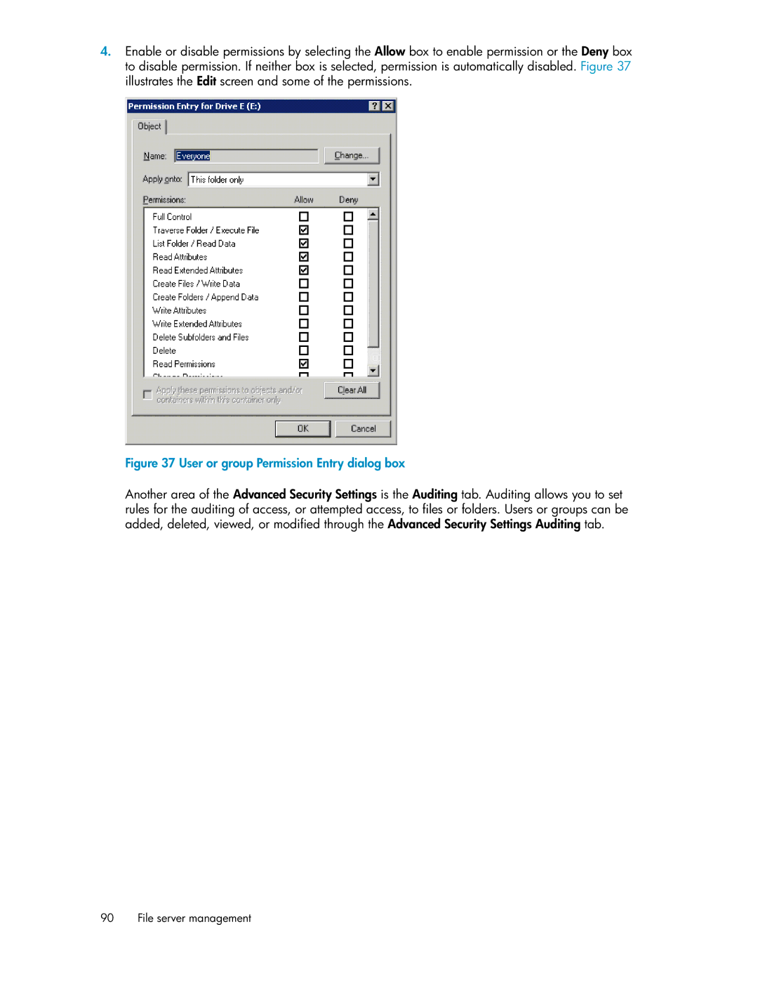 HP P4000 G2 manual User or group Permission Entry dialog box 