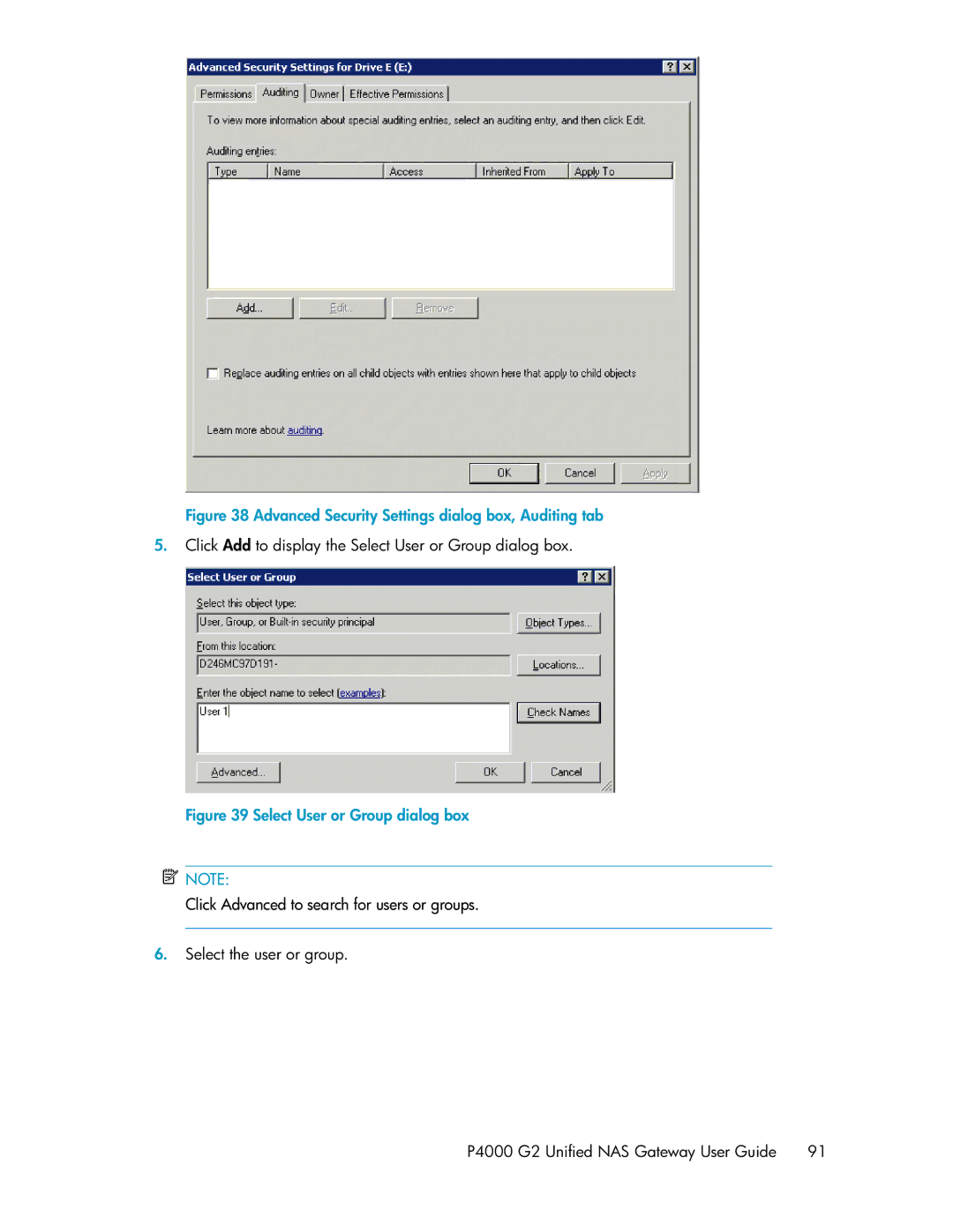 HP P4000 G2 manual Advanced Security Settings dialog box, Auditing tab 