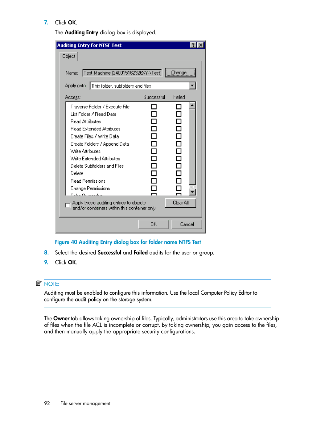 HP P4000 G2 manual Auditing Entry dialog box for folder name Ntfs Test 