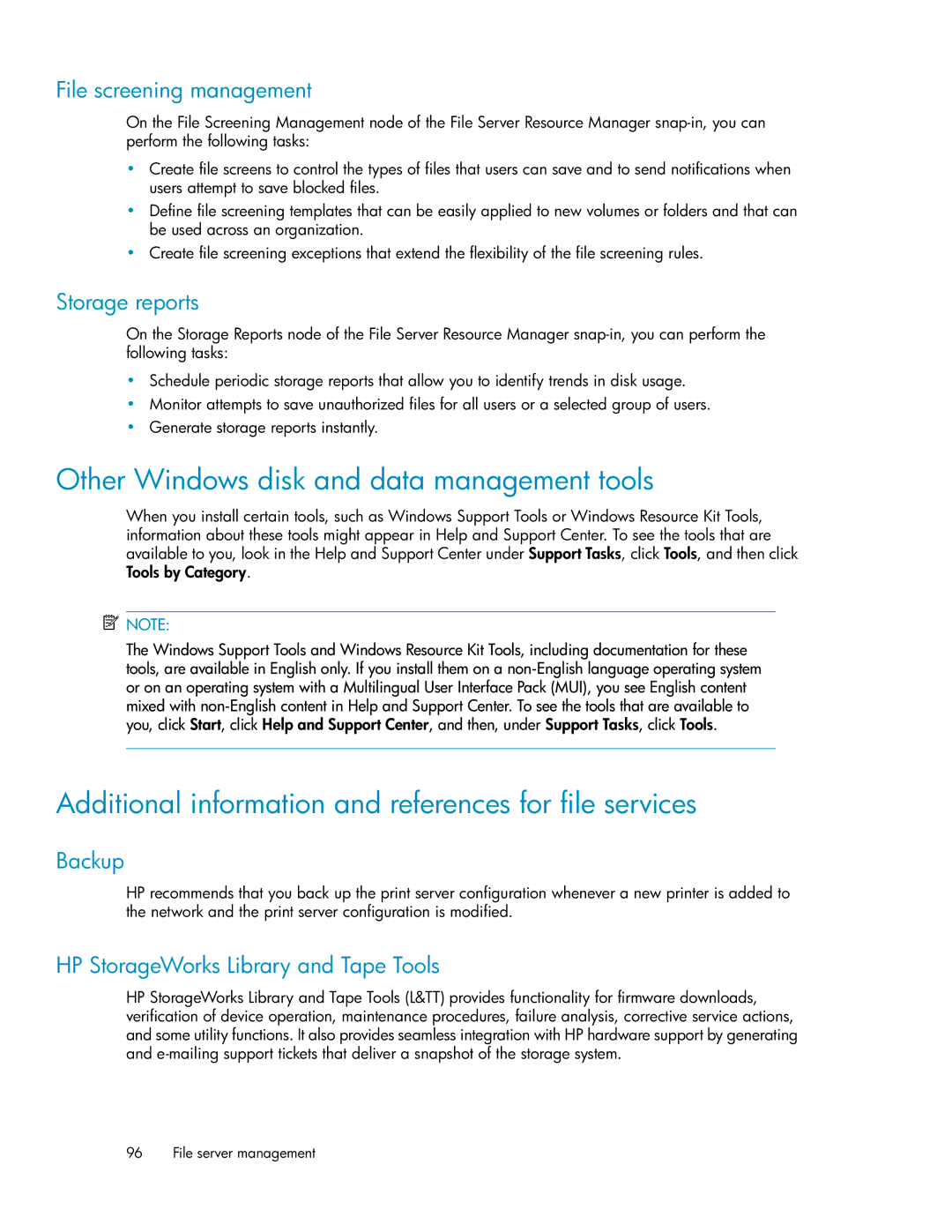 HP P4000 G2 manual Other Windows disk and data management tools, Additional information and references for file services 