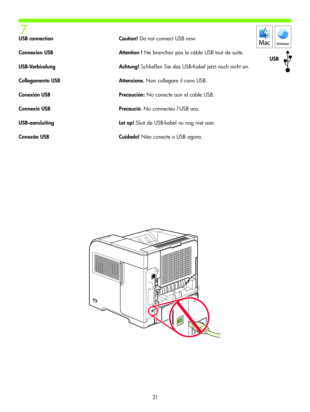 HP P4010 manual USB connection Connexion USB USB-Verbindung 