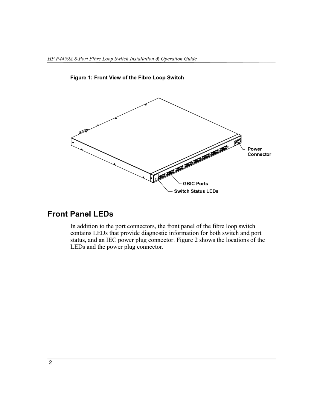 HP P4459A manual Front Panel LEDs, Front View of the Fibre Loop Switch 