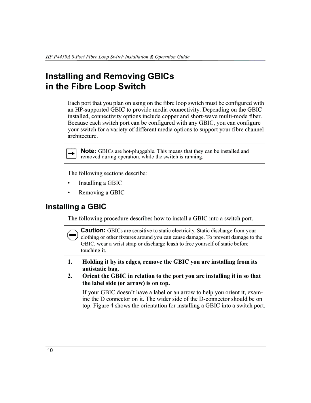 HP P4459A manual Installing and Removing GBICs Fibre Loop Switch, Installing a Gbic 