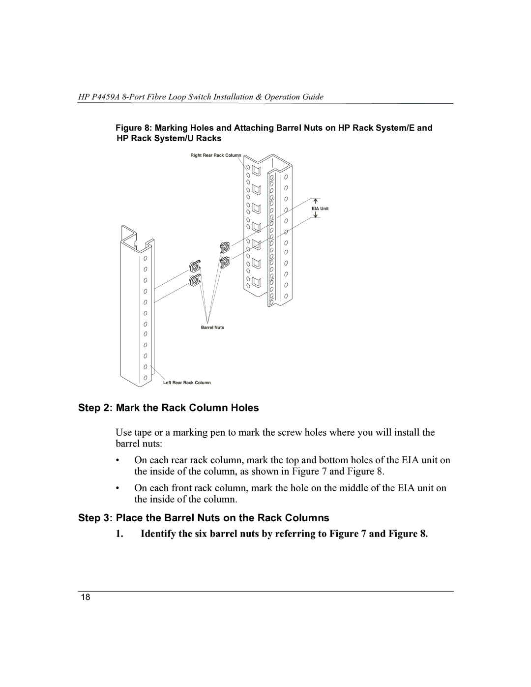 HP P4459A manual Mark the Rack Column Holes, Place the Barrel Nuts on the Rack Columns 