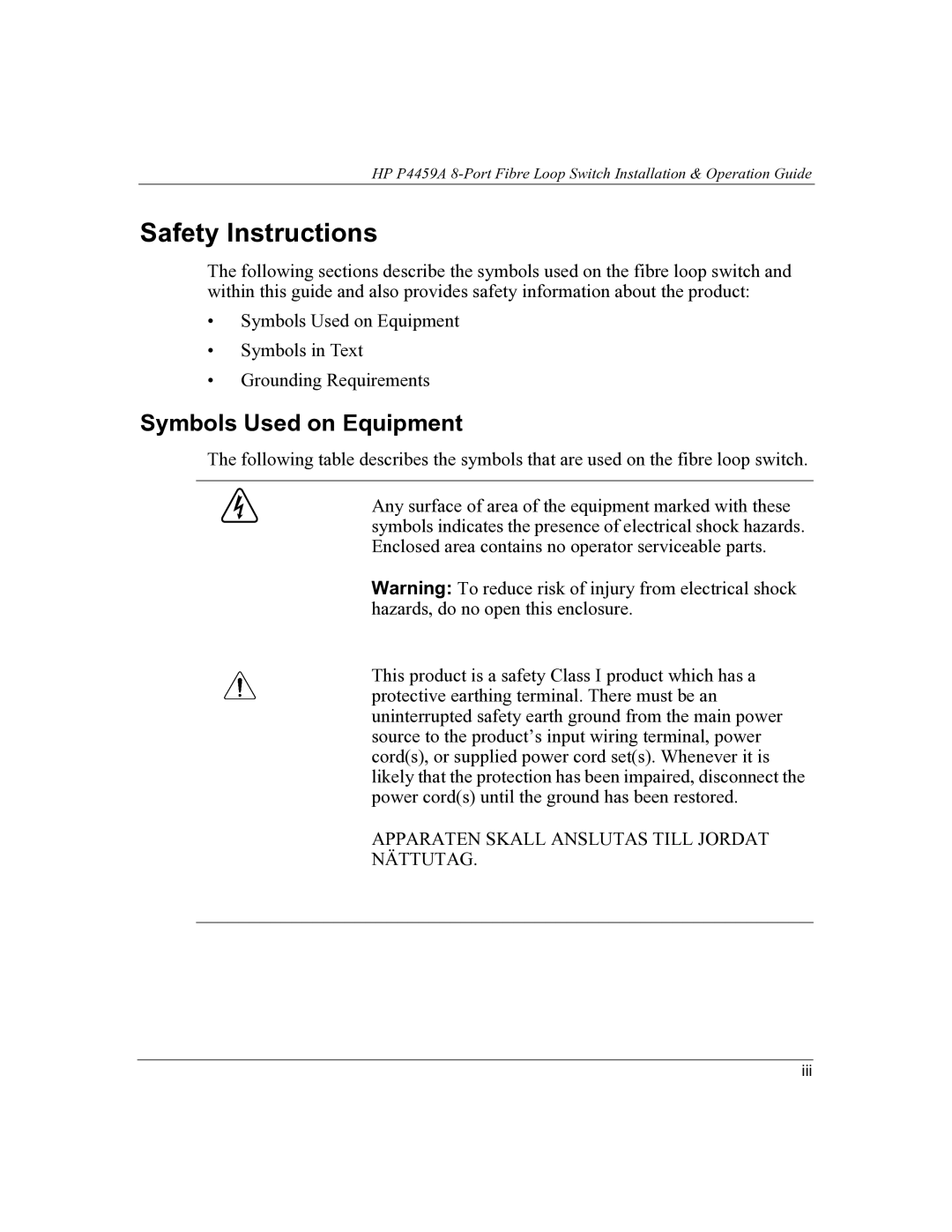 HP P4459A manual Safety Instructions, Symbols Used on Equipment 