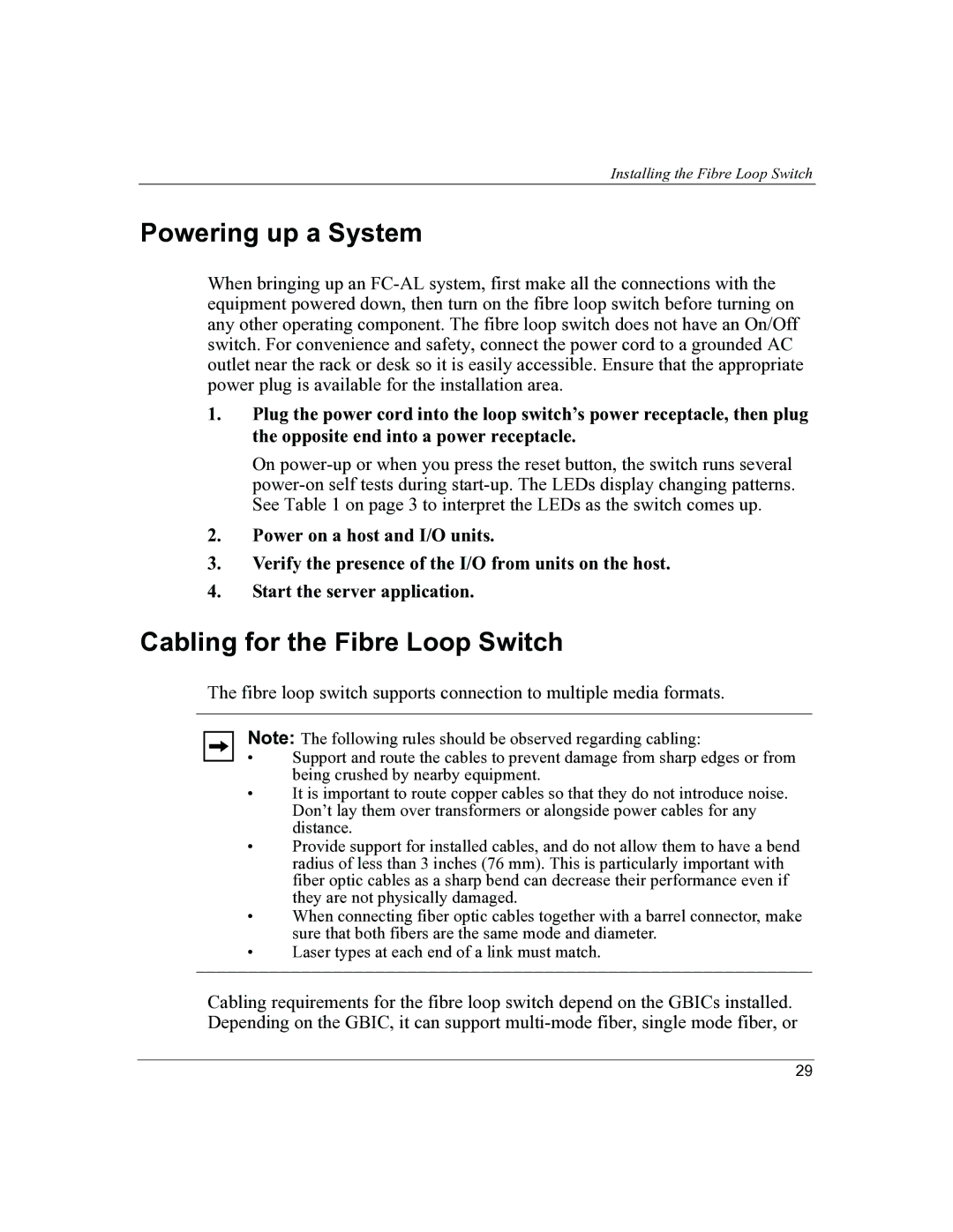 HP P4459A manual Powering up a System, Cabling for the Fibre Loop Switch 