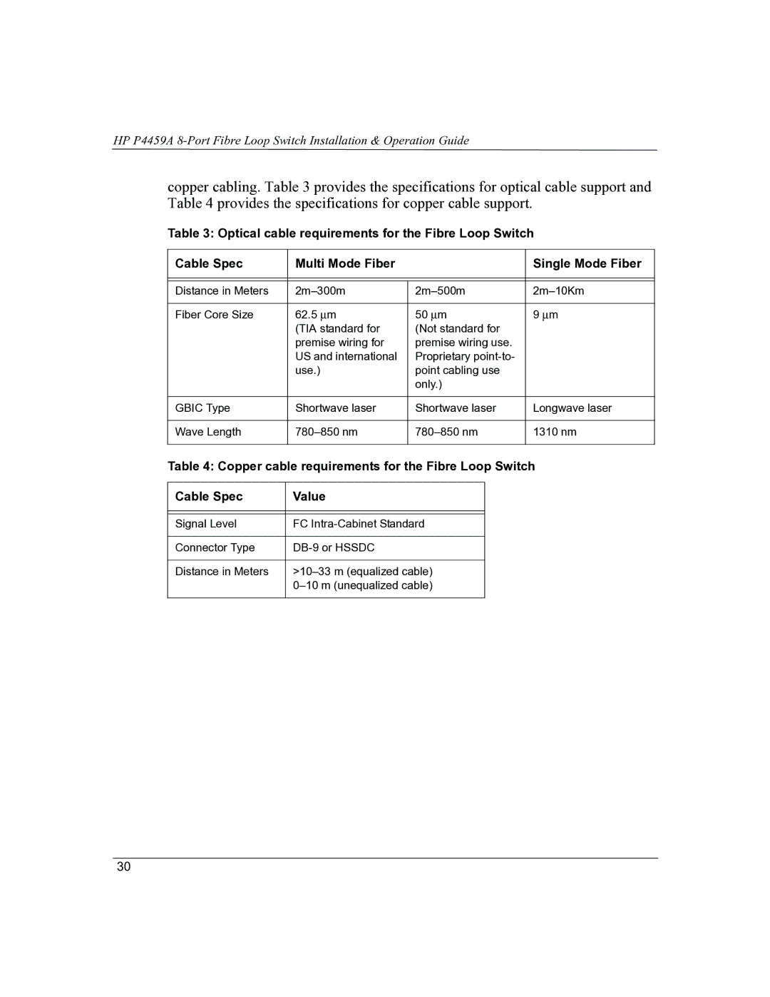 HP P4459A manual Copper cable requirements for the Fibre Loop Switch 