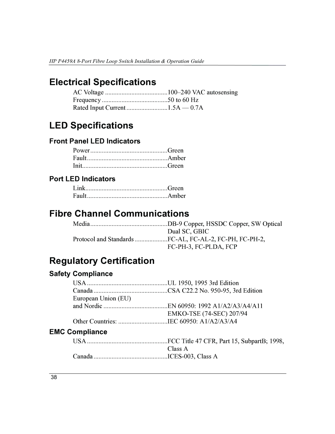 HP P4459A manual Electrical Specifications, LED Specifications, Fibre Channel Communications, Regulatory Certification 