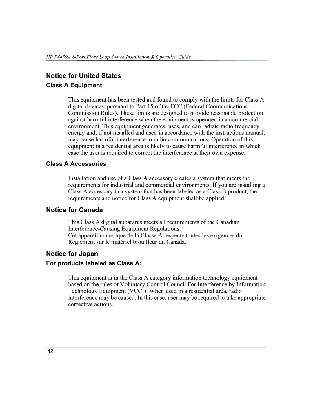 HP P4459A manual Class a Equipment, Class a Accessories, For products labeled as Class a 