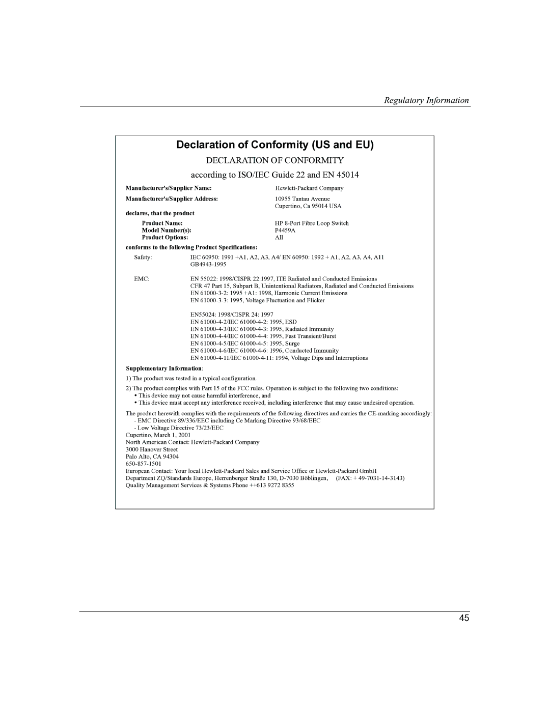 HP P4459A manual Declaration of Conformity US and EU 