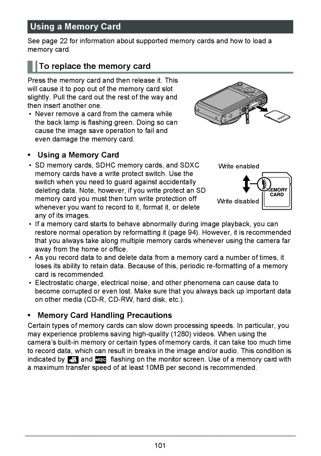 HP p550 manual Using a Memory Card, To replace the memory card, Memory Card Handling Precautions 