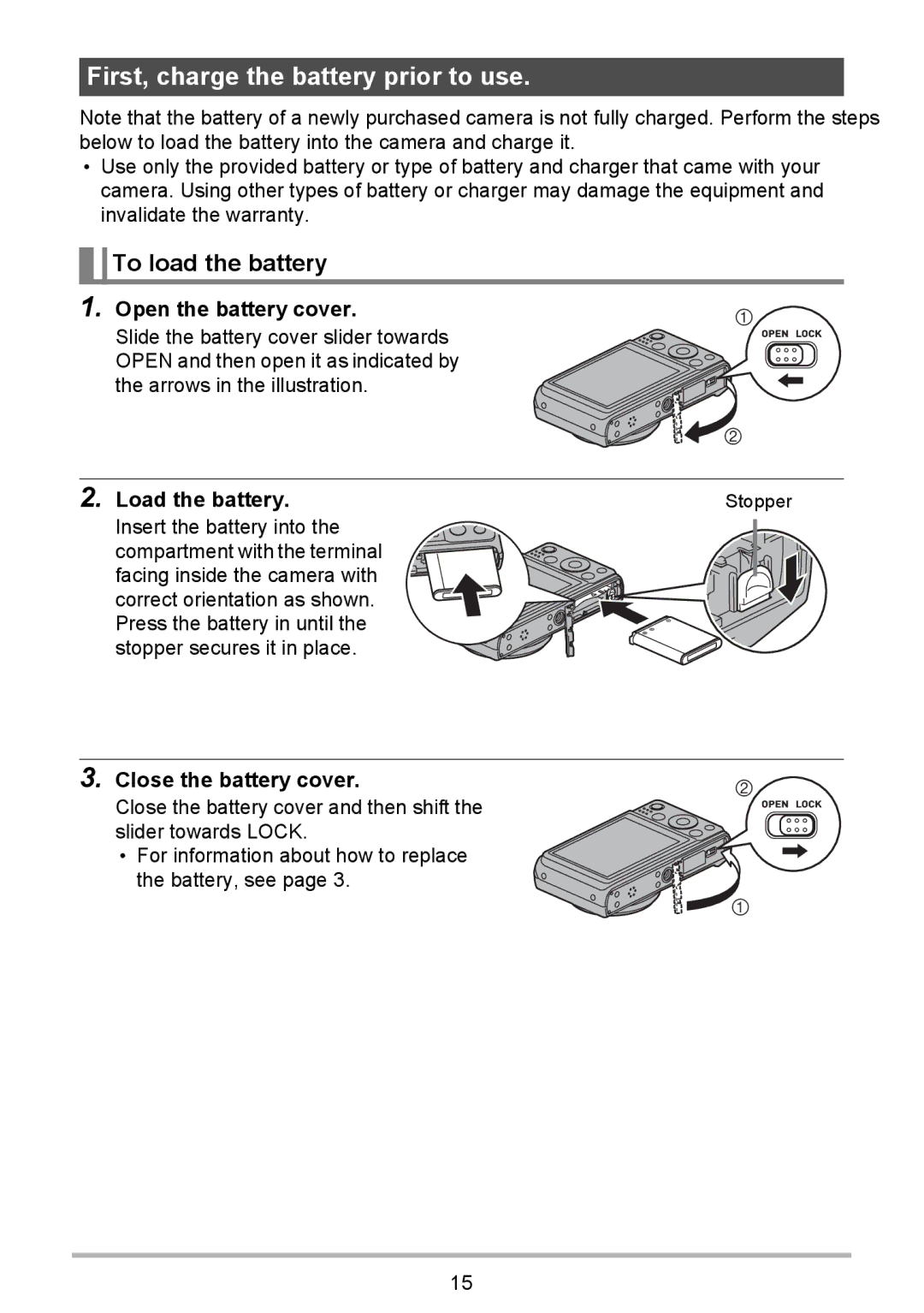 HP p550 manual First, charge the battery prior to use, To load the battery, Open the battery cover, Load the battery 