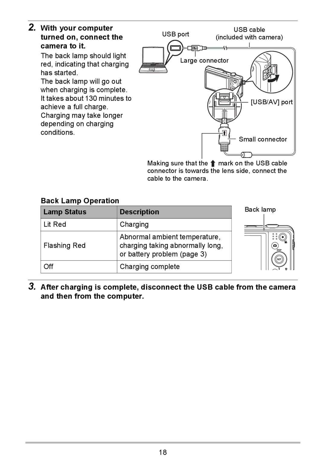 HP p550 manual With your computer turned on, connect the camera to it, Back Lamp Operation Lamp Status Description 