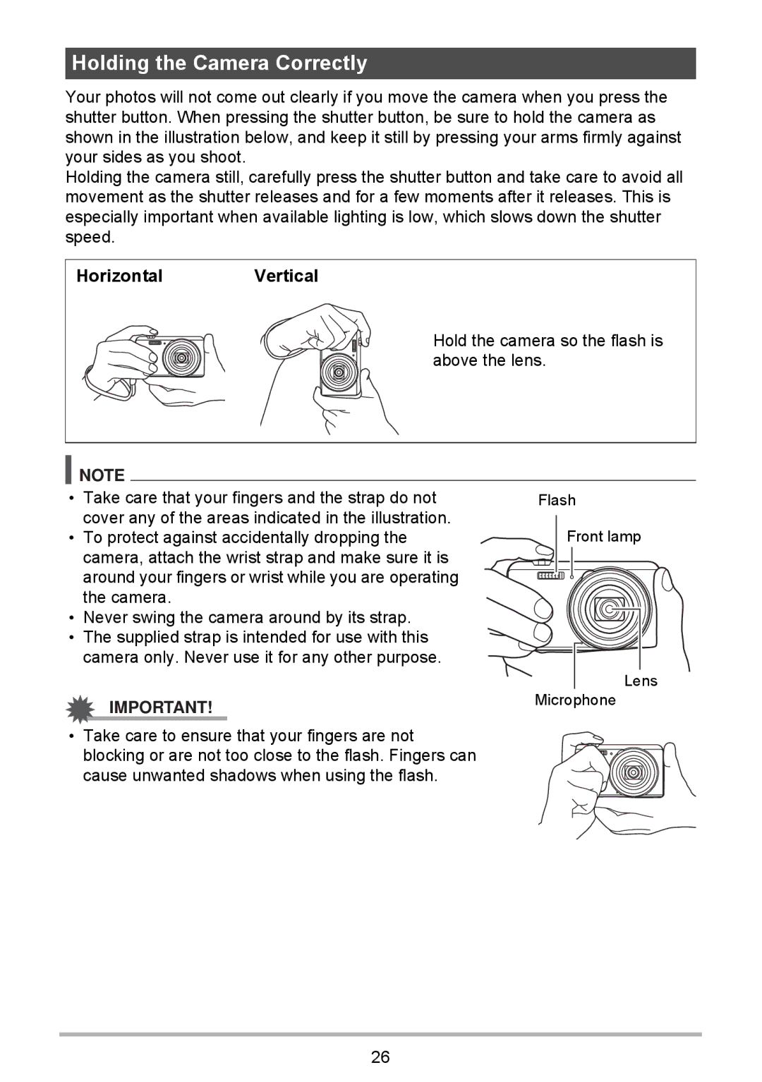 HP p550 manual Holding the Camera Correctly, Horizontal Vertical 