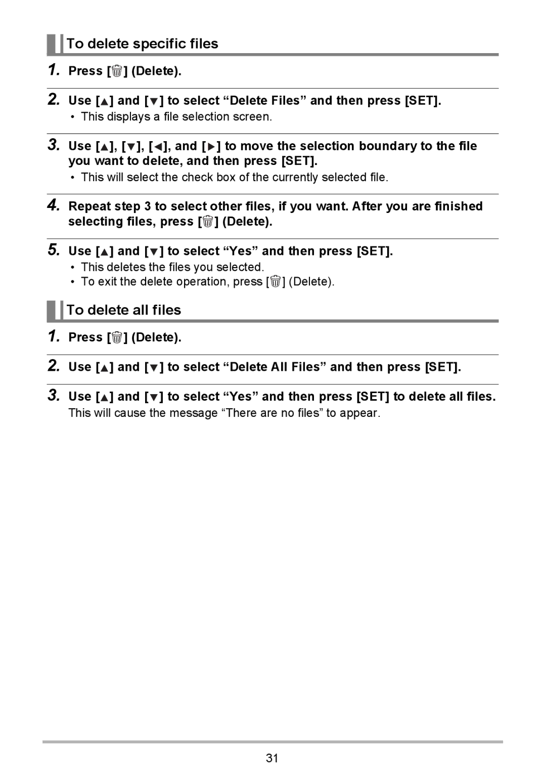 HP p550 manual To delete specific files, To delete all files 