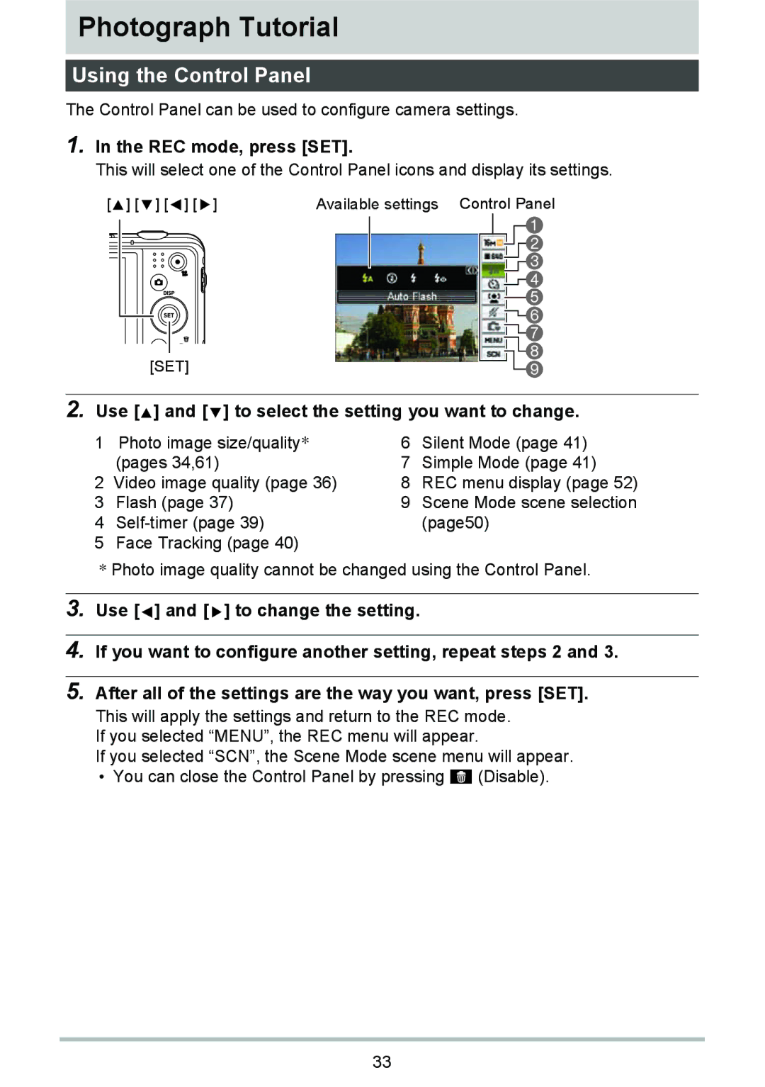 HP p550 manual Photograph Tutorial, Using the Control Panel, REC mode, press SET 