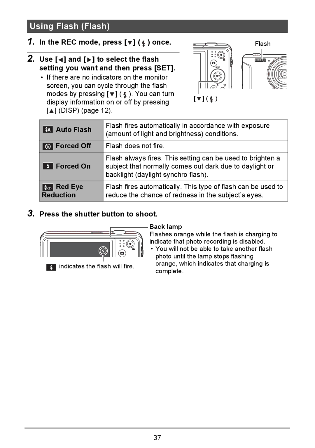 HP p550 manual Using Flash Flash, REC mode, press once, Auto Flash, Forced Off, Red Eye 