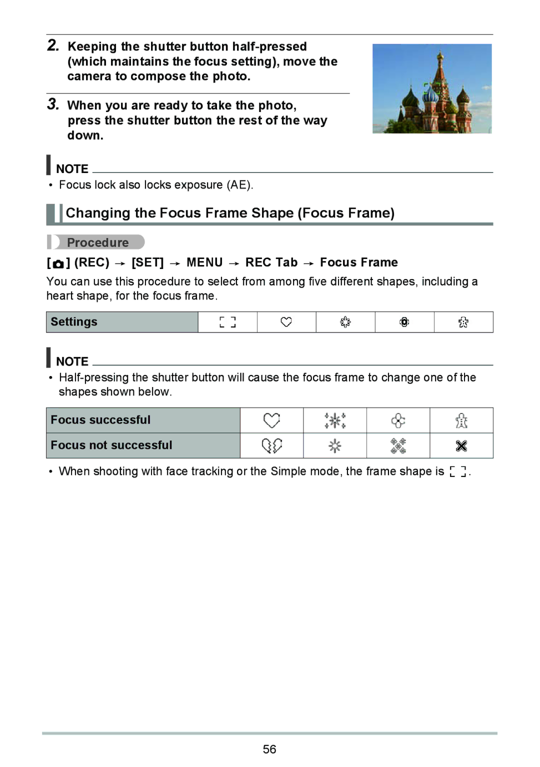 HP p550 manual Changing the Focus Frame Shape Focus Frame, REC SET Menu REC Tab Focus Frame 