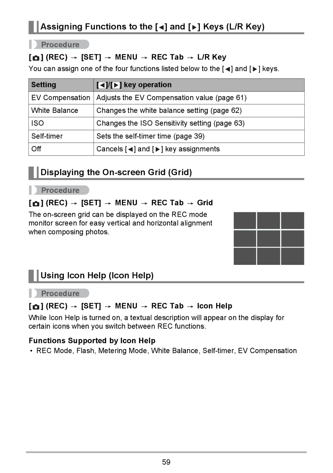 HP p550 manual Assigning Functions to the and Keys L/R Key, Displaying the On-screen Grid Grid, Using Icon Help Icon Help 