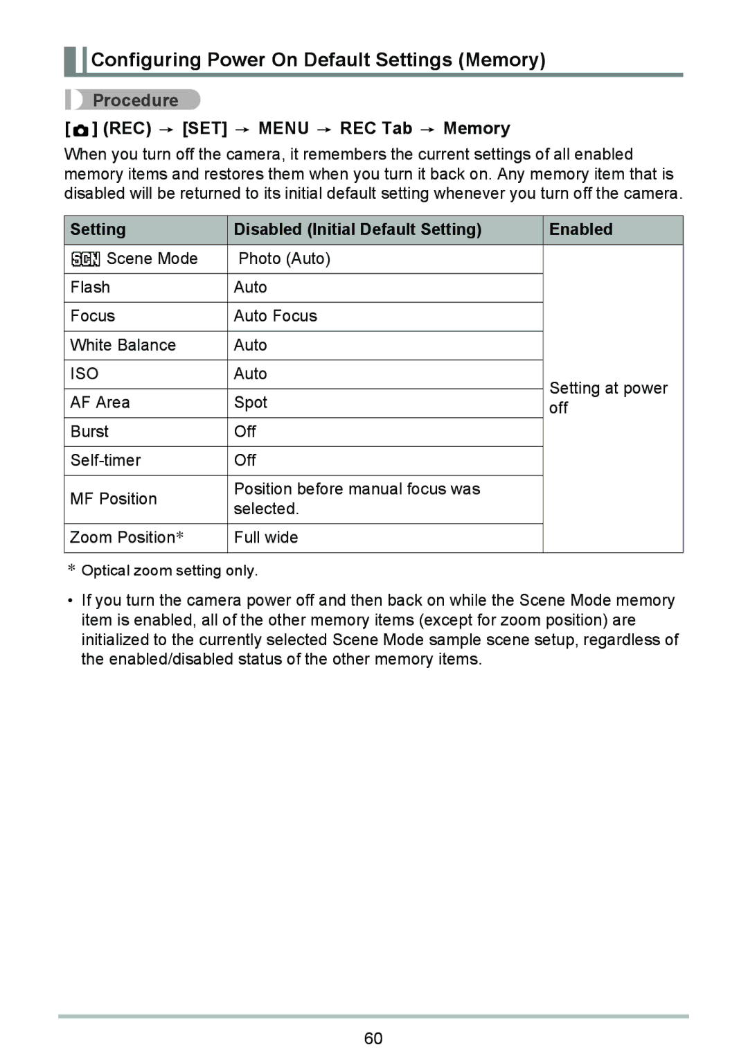 HP p550 manual Configuring Power On Default Settings Memory, REC SET Menu REC Tab Memory 