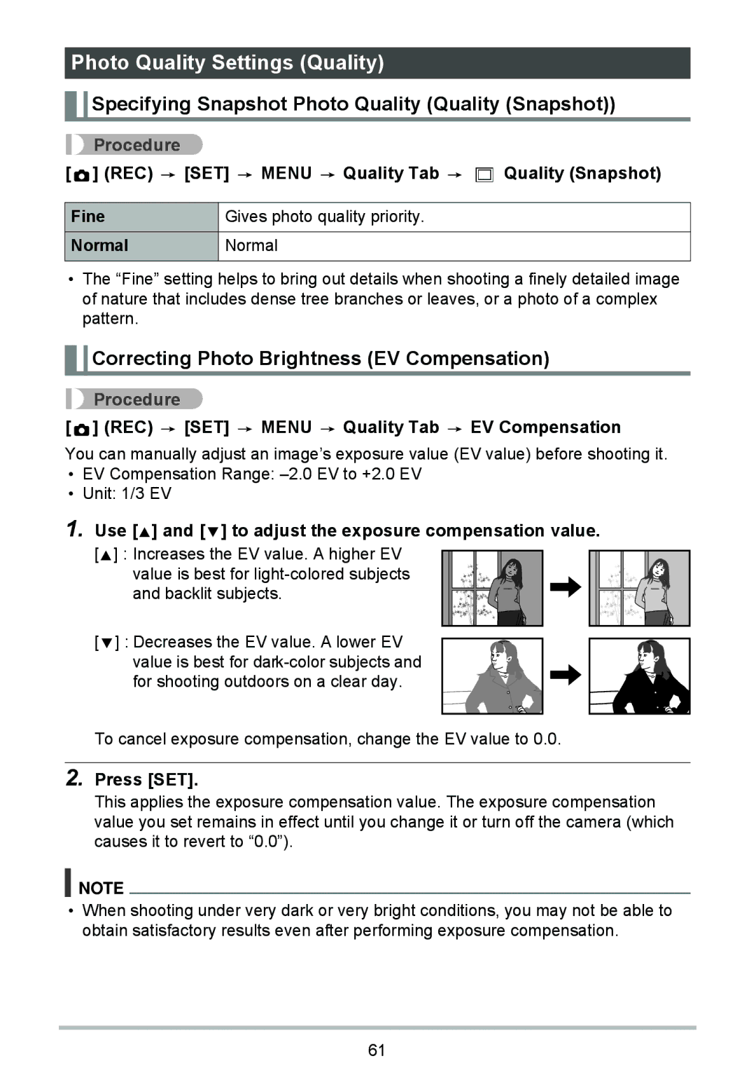 HP p550 manual Photo Quality Settings Quality, Specifying Snapshot Photo Quality Quality Snapshot 