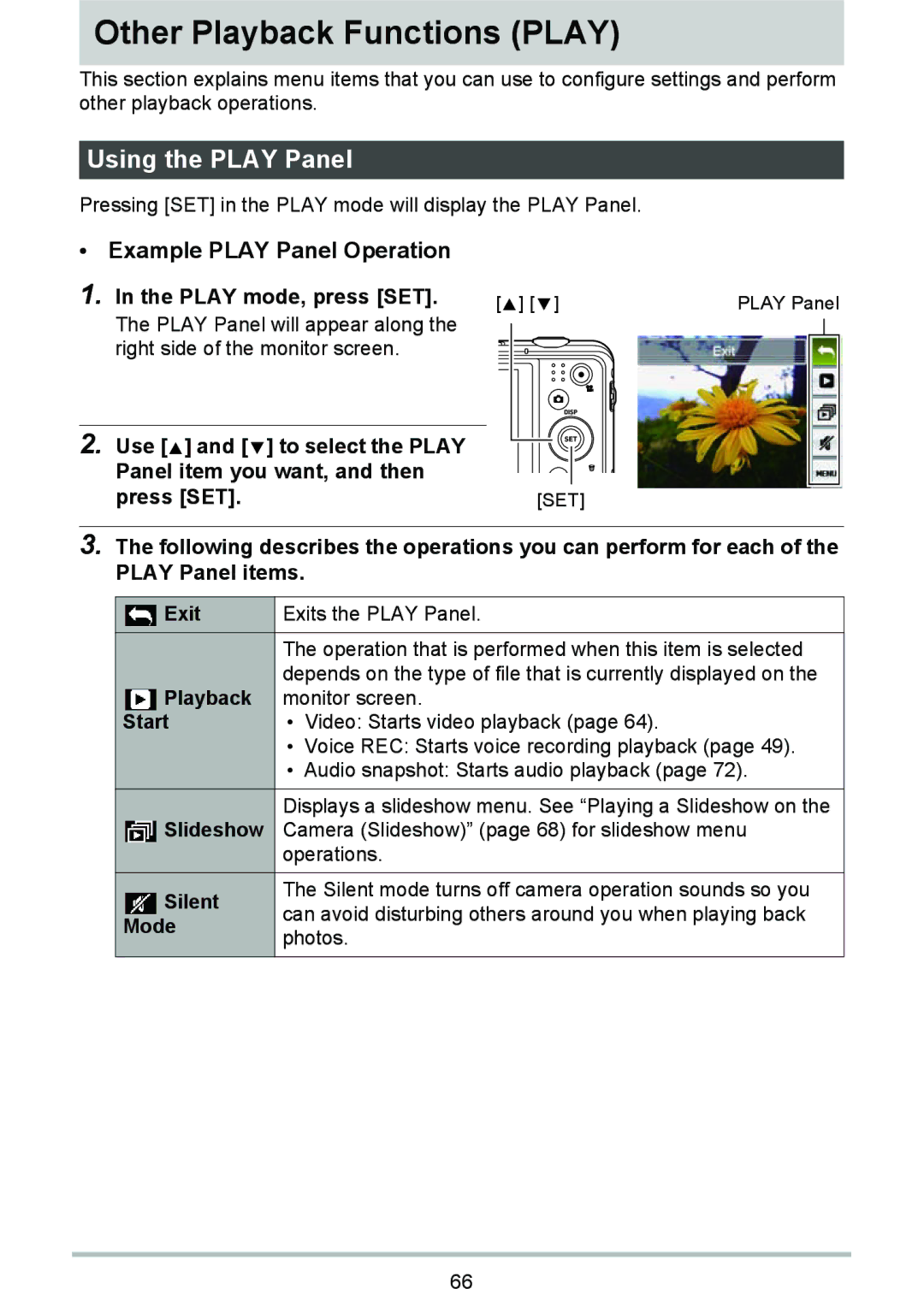 HP p550 manual Other Playback Functions Play, Using the Play Panel, Example Play Panel Operation 