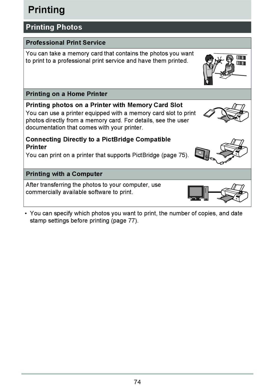 HP p550 manual Printing Photos, Professional Print Service, Connecting Directly to a PictBridge Compatible Printer 