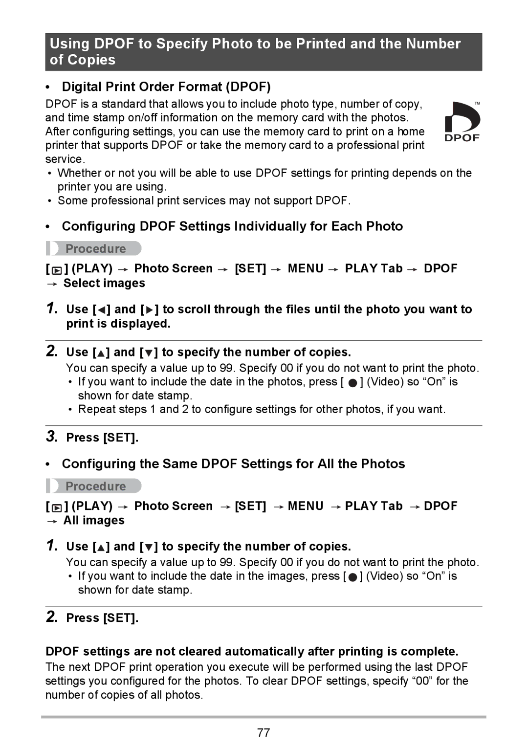 HP p550 manual Digital Print Order Format Dpof, Configuring Dpof Settings Individually for Each Photo 