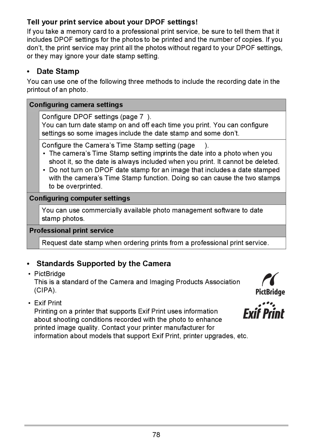 HP p550 manual Date Stamp, Standards Supported by the Camera, Tell your print service about your Dpof settings 