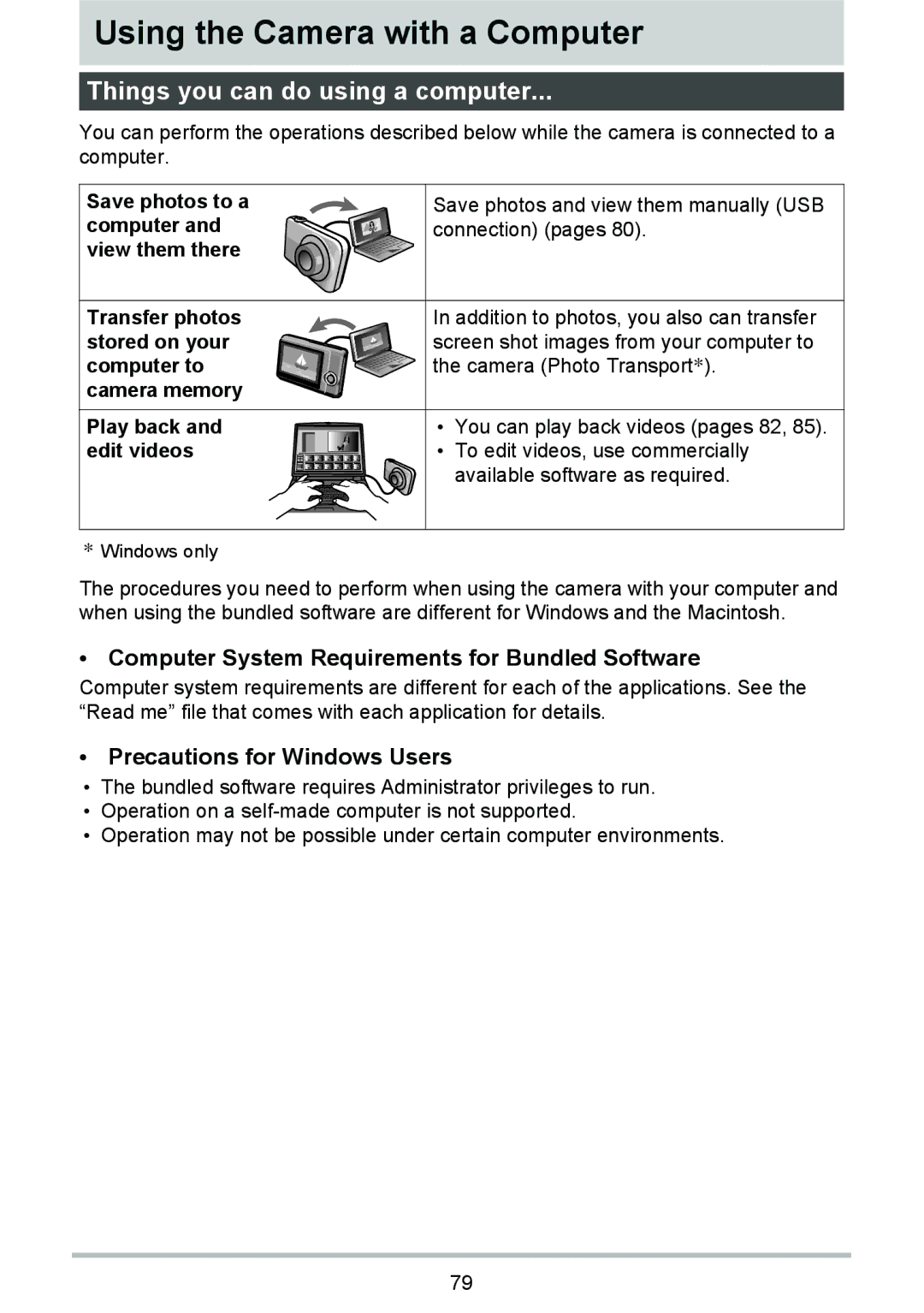 HP p550 manual Using the Camera with a Computer, Things you can do using a computer, Precautions for Windows Users 