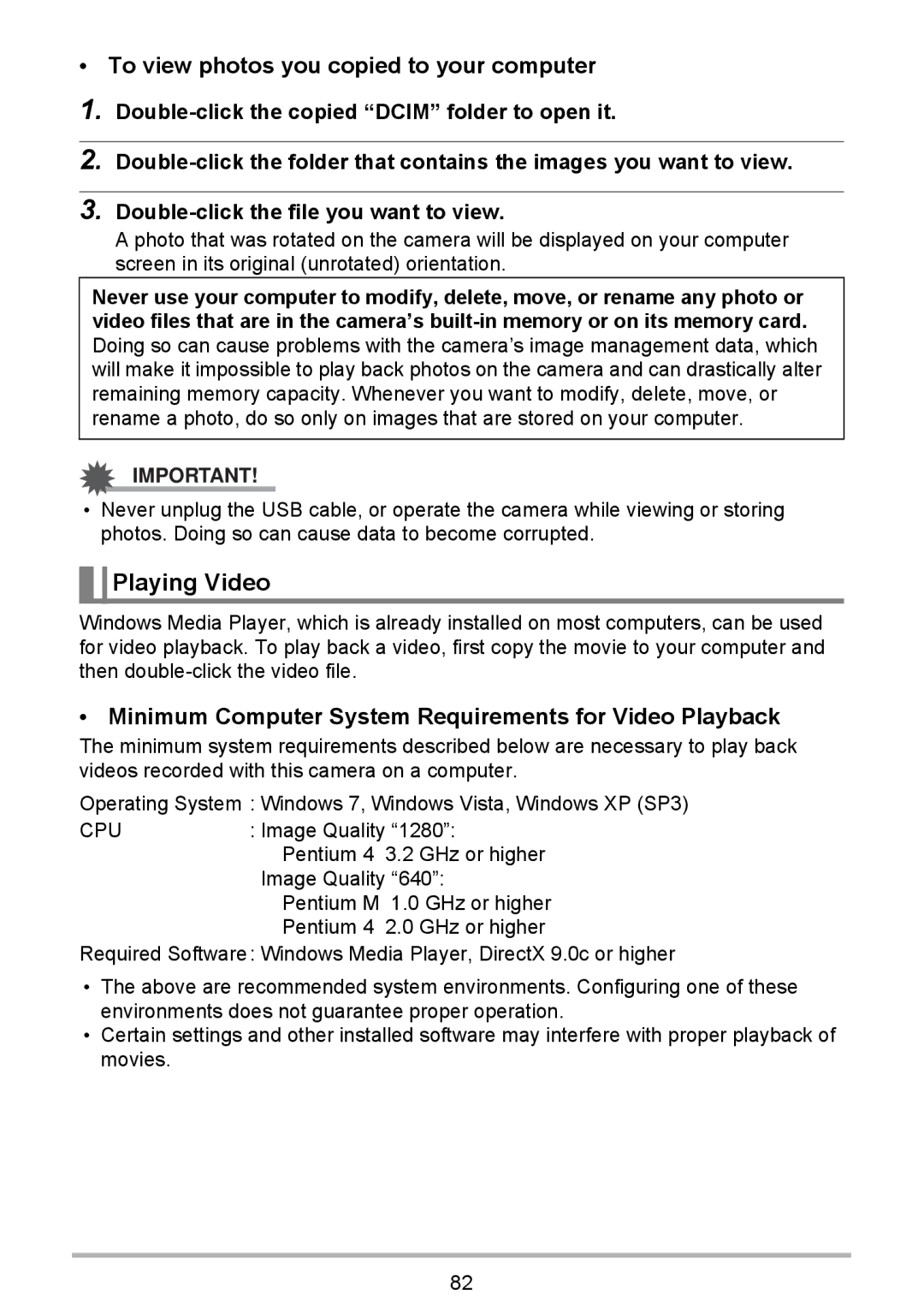 HP p550 Playing Video, To view photos you copied to your computer, Minimum Computer System Requirements for Video Playback 