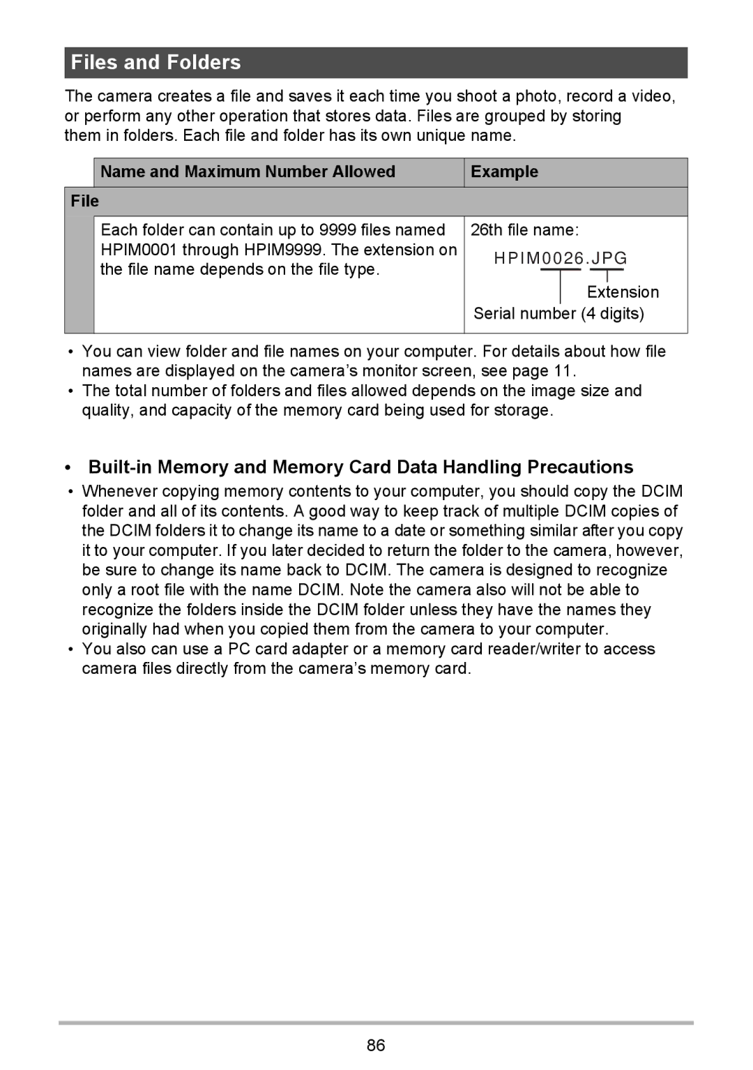 HP p550 manual Files and Folders, Built-in Memory and Memory Card Data Handling Precautions 