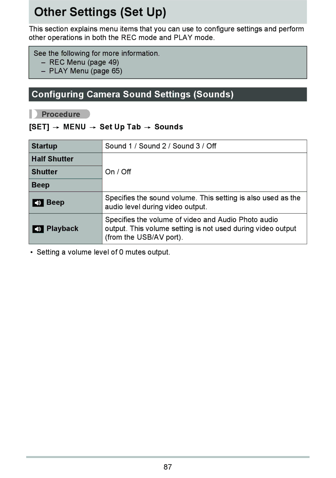 HP p550 manual Other Settings Set Up, Configuring Camera Sound Settings Sounds 