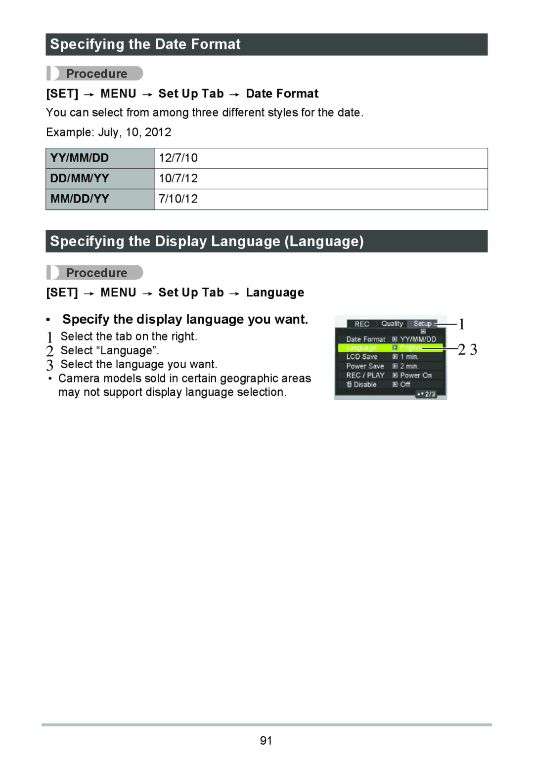 HP p550 manual Specifying the Date Format, Specifying the Display Language Language, Specify the display language you want 