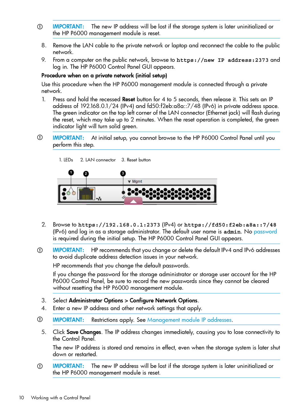 HP P6000 manual LEDs LAN connector 3. Reset button 