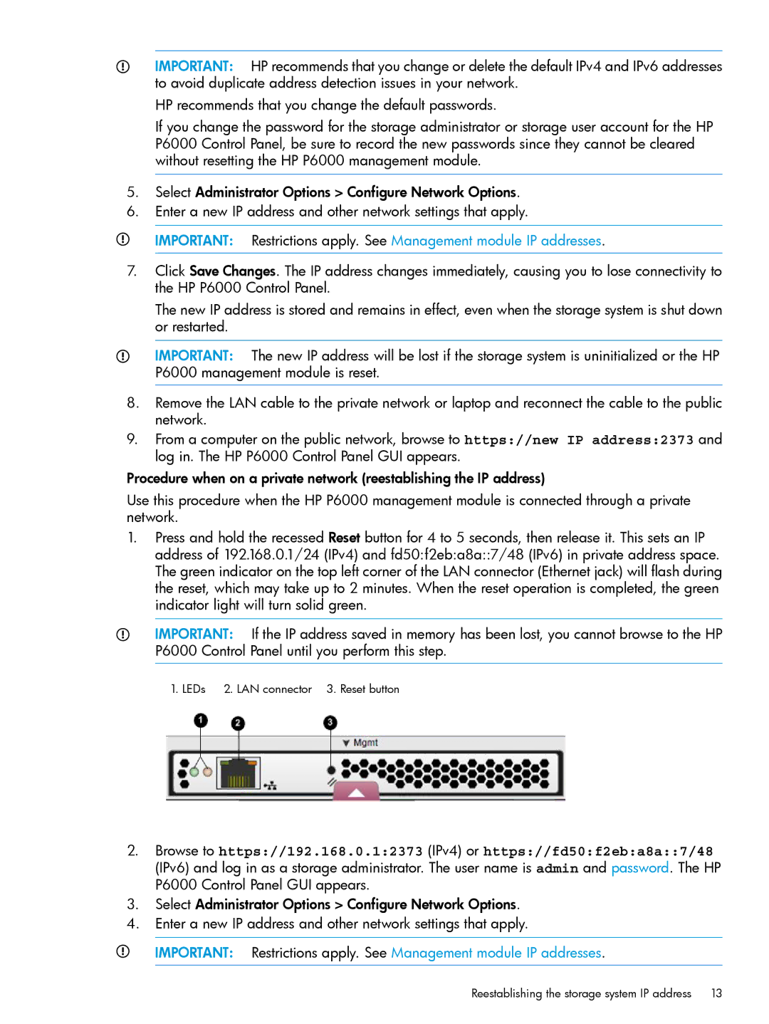 HP P6000 manual Reestablishing the storage system IP address 