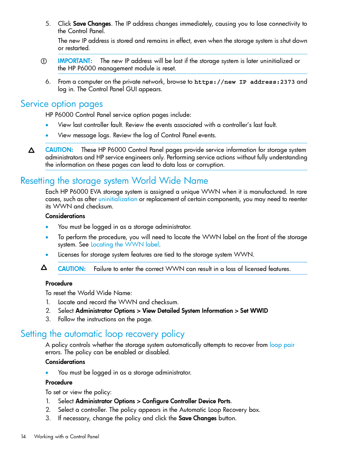 HP P6000 Service option pages, Resetting the storage system World Wide Name, Setting the automatic loop recovery policy 