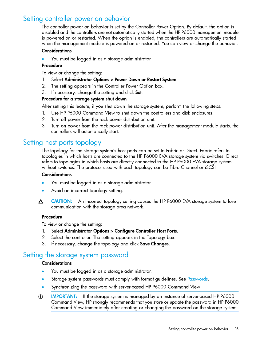 HP P6000 manual Setting controller power on behavior, Setting host ports topology, Setting the storage system password 