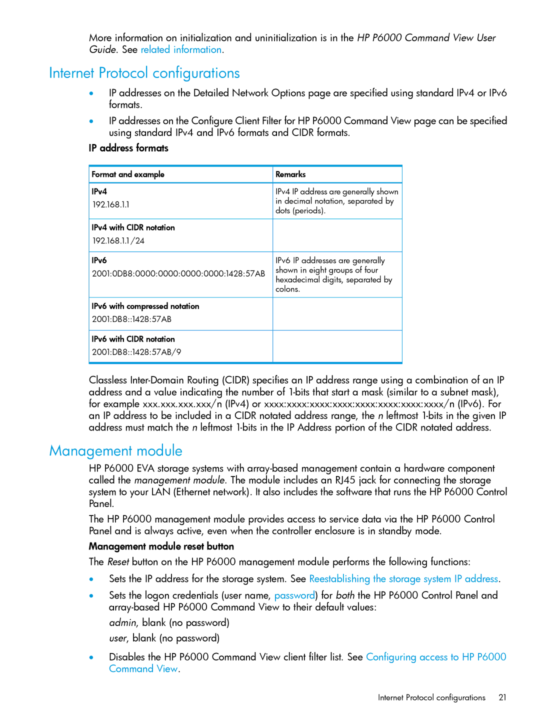 HP P6000 manual Internet Protocol configurations, Management module 