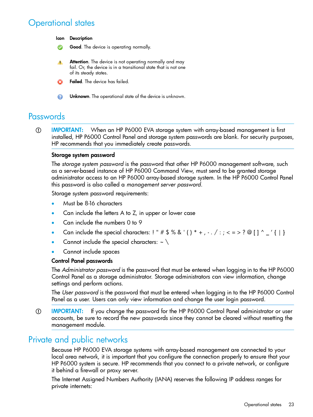 HP P6000 manual Operational states, Passwords, Private and public networks 